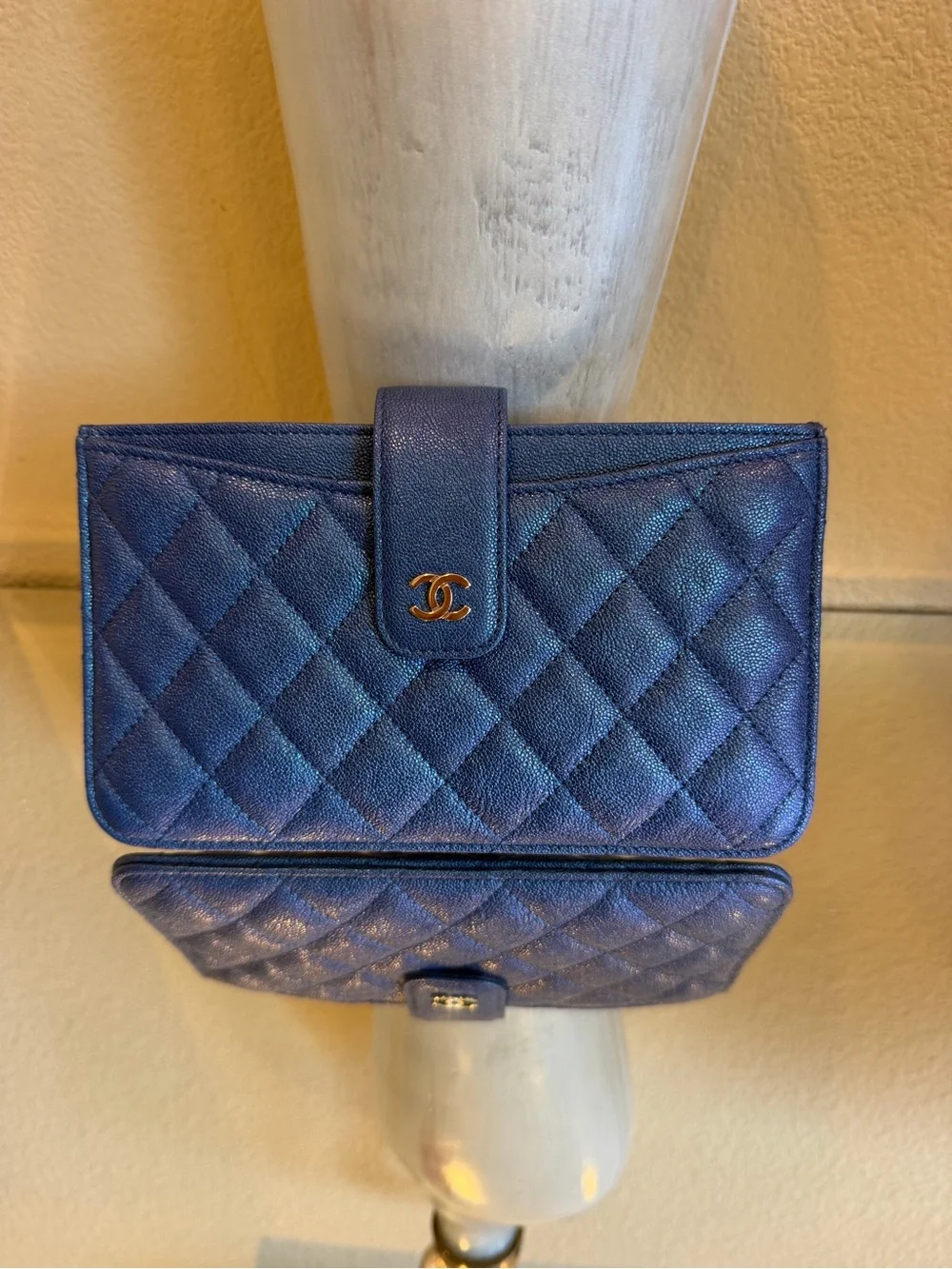 CHANEL Blue Quilted Leather Wallet and Card Holder with Gold Hardware